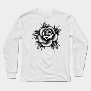 Traditional Rose Black and Grey Tattoo style design Long Sleeve T-Shirt